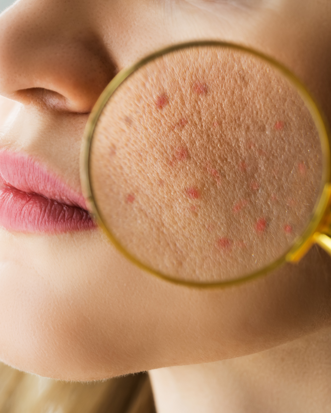 a magnifying glass showing imperfections in a woman's face