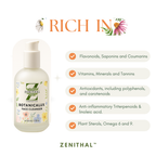 Bottle of Zenithal Botanicalux Face Cleanser with list of benefits on a white background