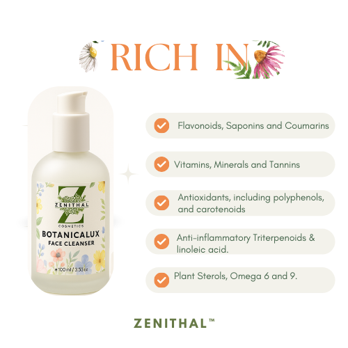 Bottle of Zenithal Botanicalux Face Cleanser with list of benefits on a white background