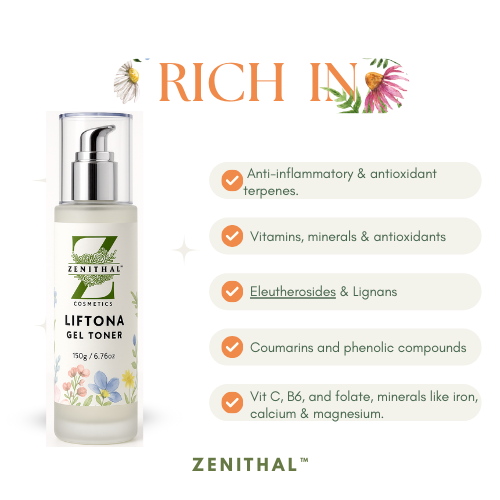 Zenithal Liftona Gel Toner bottle with product benefits listed on a white background