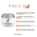 Zenithal YouthBoost Face Cream jar with ingredients listed on a white background