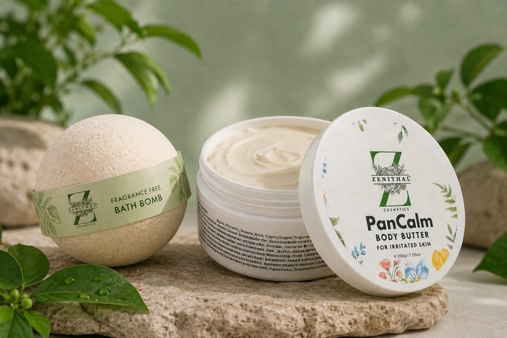 PanCalm body butter and bath bomb on a natural stone surface with greenery in the background