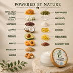 A jar of bioture body butter with its lid placed beside it on a stone surface, surrounded by ingredient callouts and illustrations. The product is shown on a warm beige background with text reading 'POWERED BY NATURE' and labels for royal jelly extract, pumpkin seed, panthenol, grapeseed, postbiotic, vitamin E, ylang ylang, raspberry seed, wheatgerm, almond, avocado, apricot, and coconut.