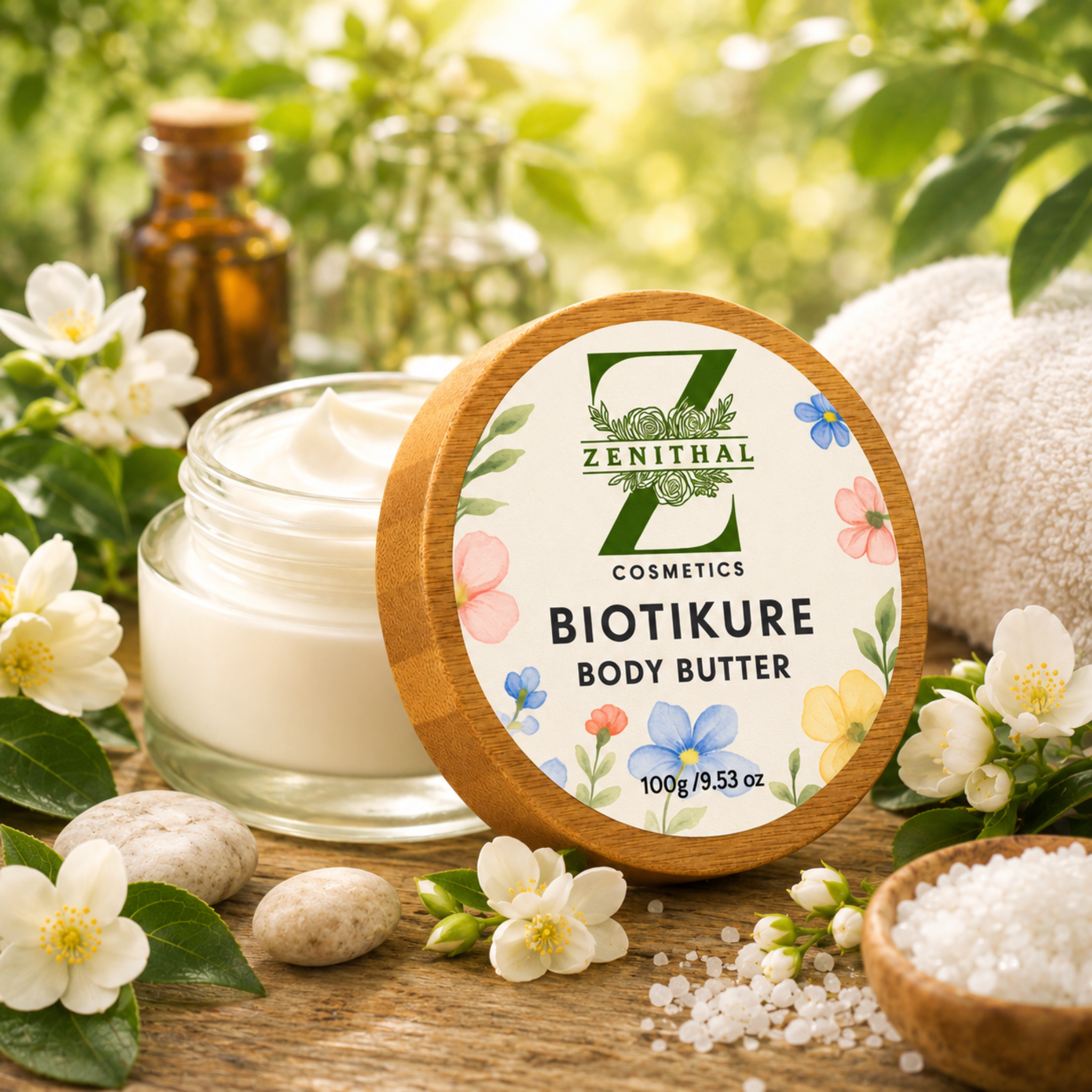 Biotikure body butter jar with Zenithal Cosmetics label surrounded by flowers and natural elements