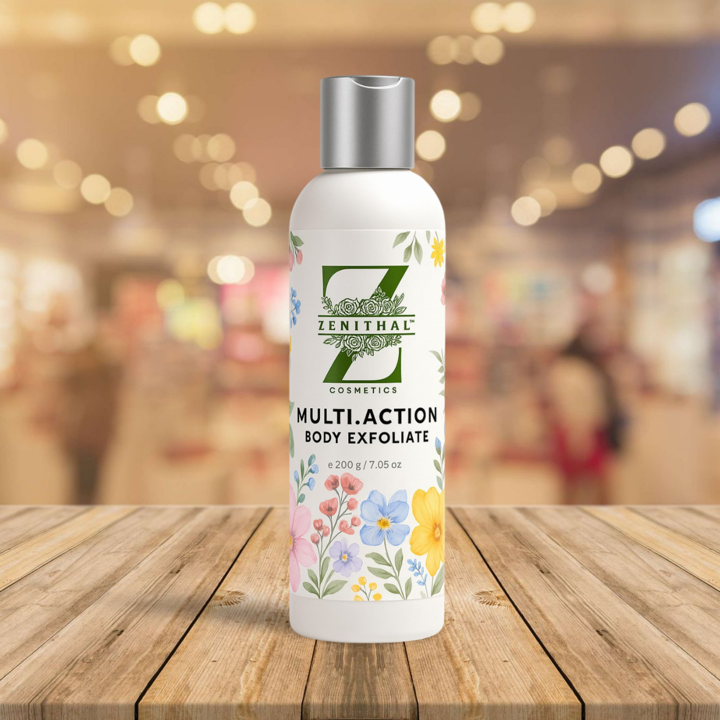Bottle of Zenithal Multi-Action Body Exfoliate on a wooden surface with a blurred background