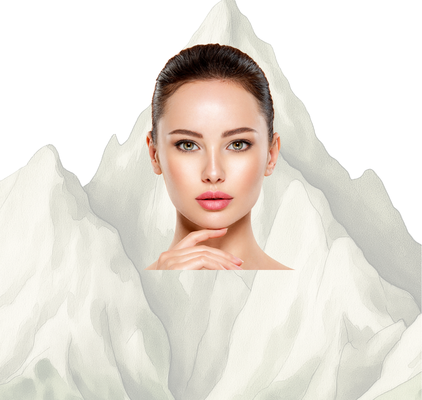 Woman with a smooth complexion surrounded by white fabric