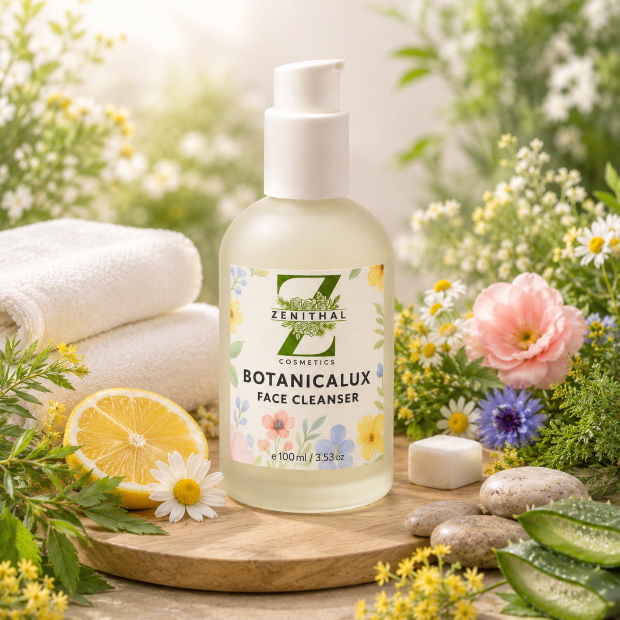 Bottle of Zenithal Botanicalux Face Cleanser with natural elements like flowers and lemon on a wooden board.