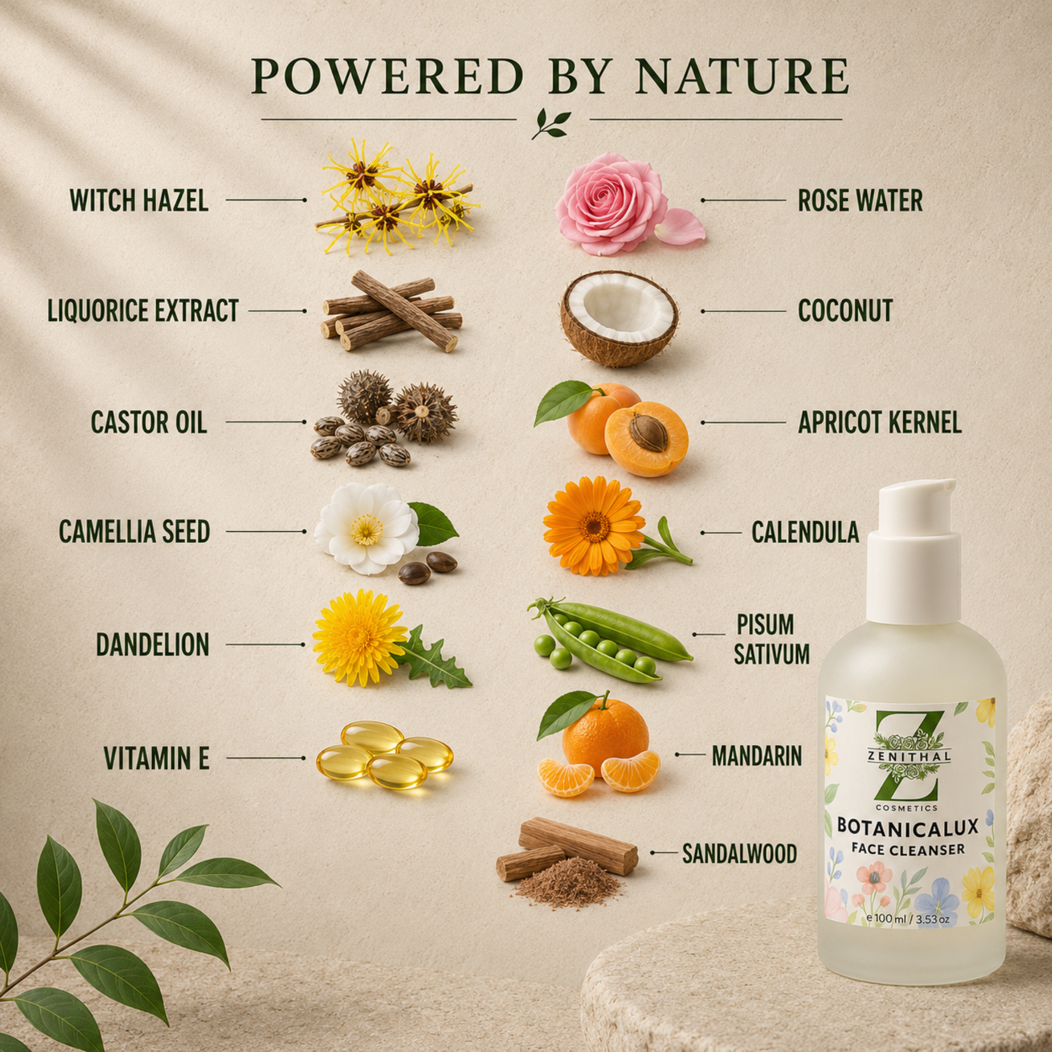 A bottle of Botanicalux Face Cleaner shown on a beige textured background with ingredient callouts and illustrations. The product is a clear plastic bottle with a white pump dispenser and a label featuring a green Z logo and floral designs.