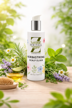 Zenithal Herbastrong Scalp Elixir bottle with natural elements on a wooden surface