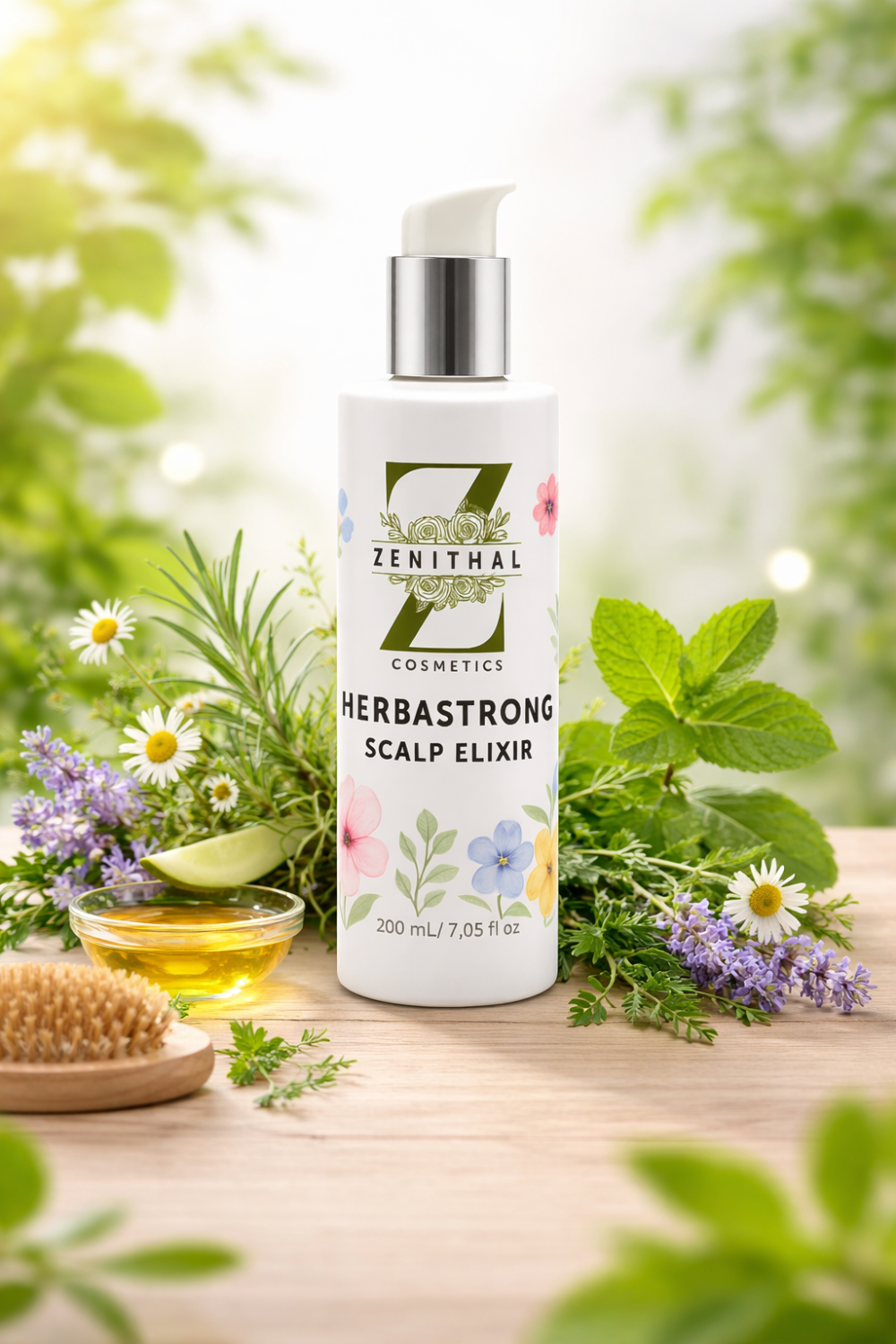 Zenithal Herbastrong Scalp Elixir bottle with natural elements on a wooden surface