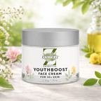 Jar of Zenithal Cosmetics Youthboost Face Cream with floral background