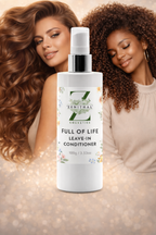 Bottle of 'Full of Life' leave-in conditioner with two women with healthy hair on a beige background