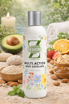 Zenithal Multi-Action Body Exfoliate bottle with natural ingredients on a wooden surface
