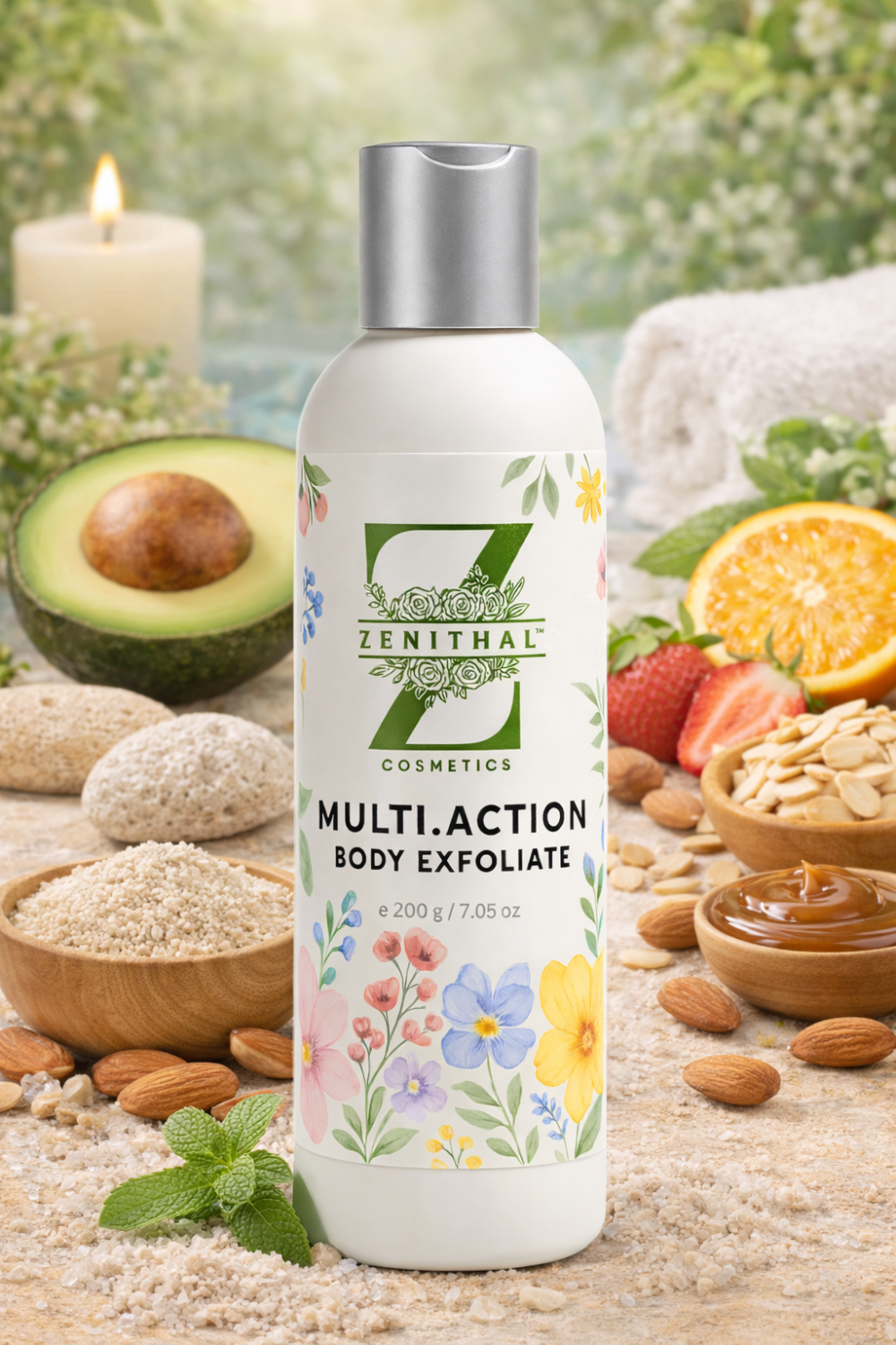 Zenithal Multi-Action Body Exfoliate bottle with natural ingredients on a wooden surface
