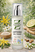 Liftona gel toner bottle with natural ingredients and flowers on a wooden surface