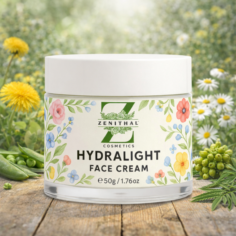 Jar of Zenithal Hydralight Face Cream with a natural background of flowers and plants