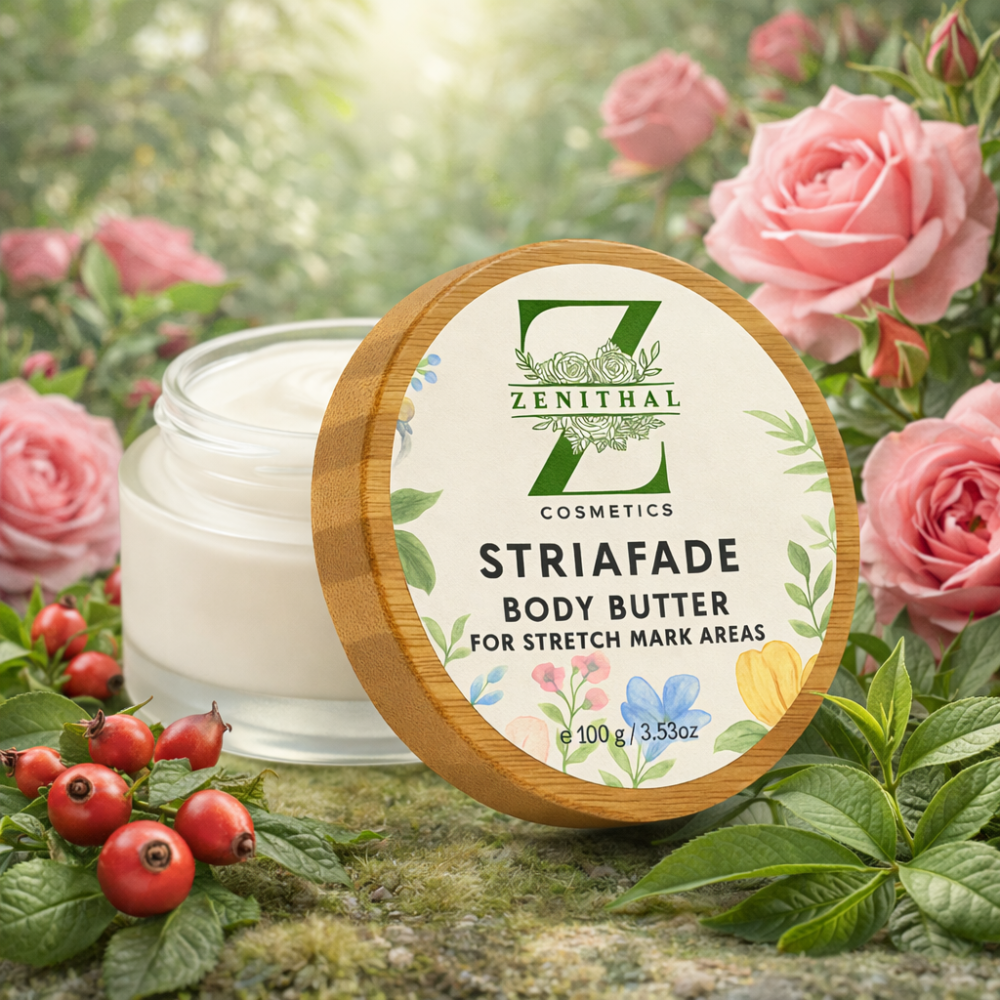 Zenithal Striafade Body Butter jar with floral and natural elements