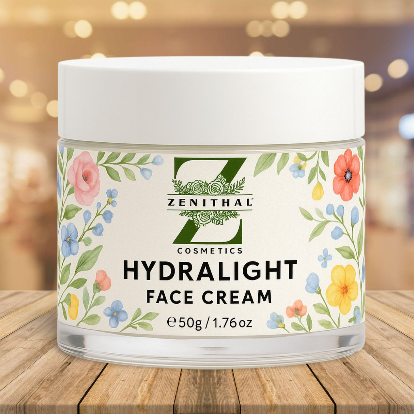 Jar of Zenithal Hydralight Face Cream with floral design on a wooden surface