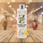 Zenithal Jojoba Seed Face Wash bottle on a wooden surface with a blurred background