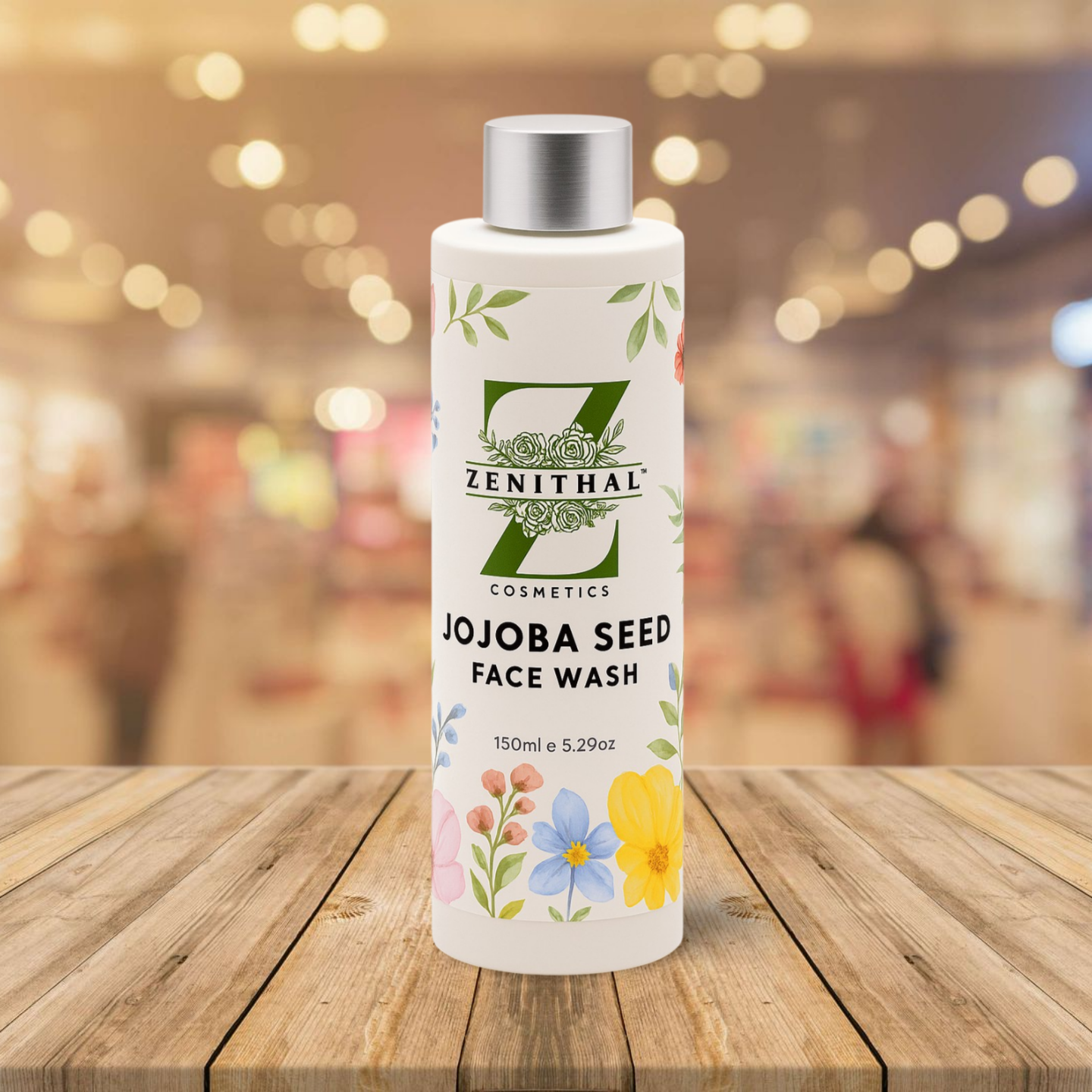 Zenithal Jojoba Seed Face Wash bottle on a wooden surface with a blurred background