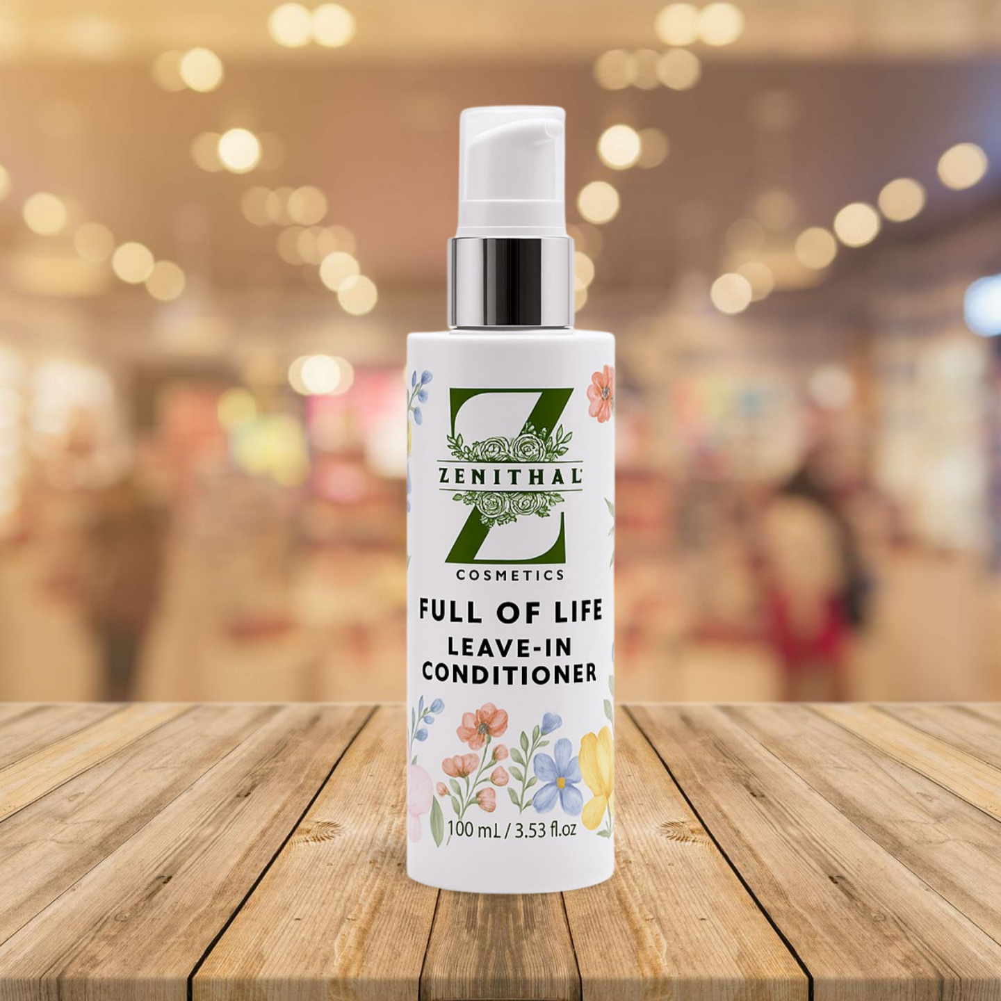 Zenithal Cosmetics Full of Life Leave-In Conditioner bottle on a wooden surface with a blurred background
