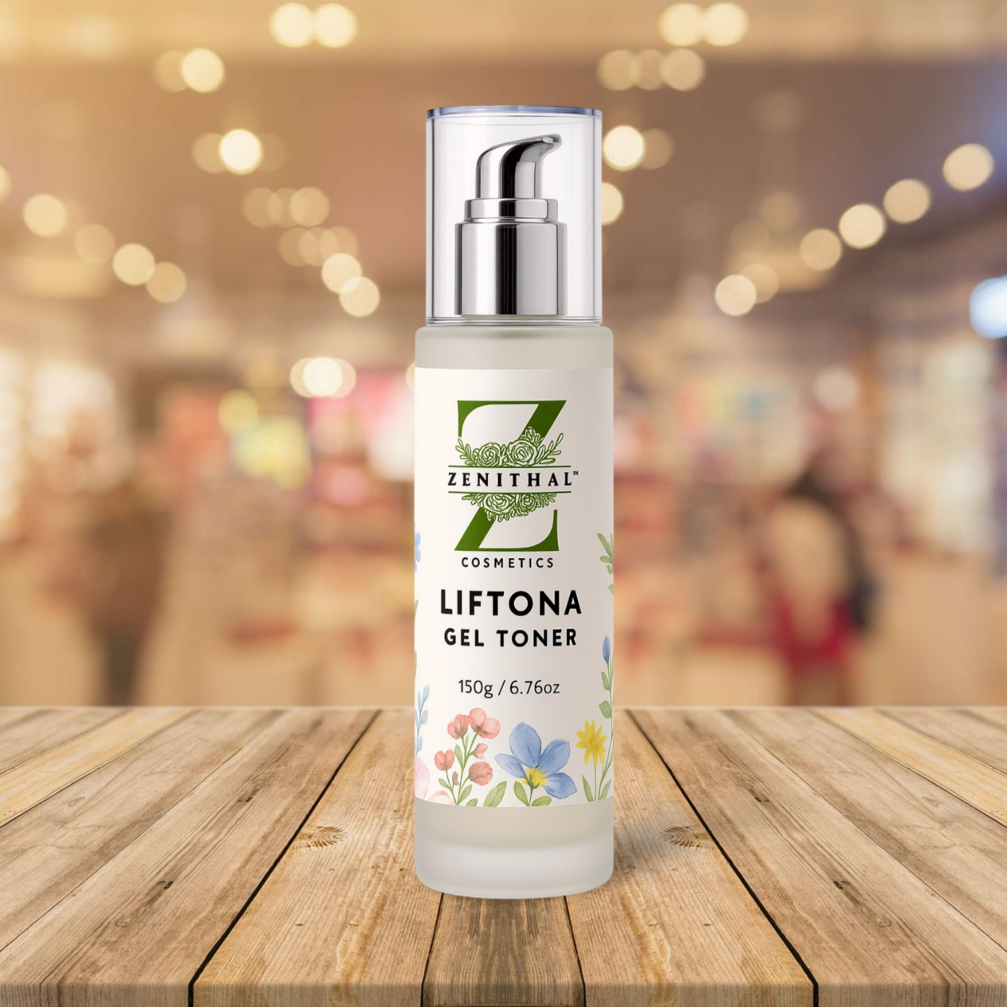 Zenithal Liftona Gel Toner bottle on a wooden surface with a blurred background