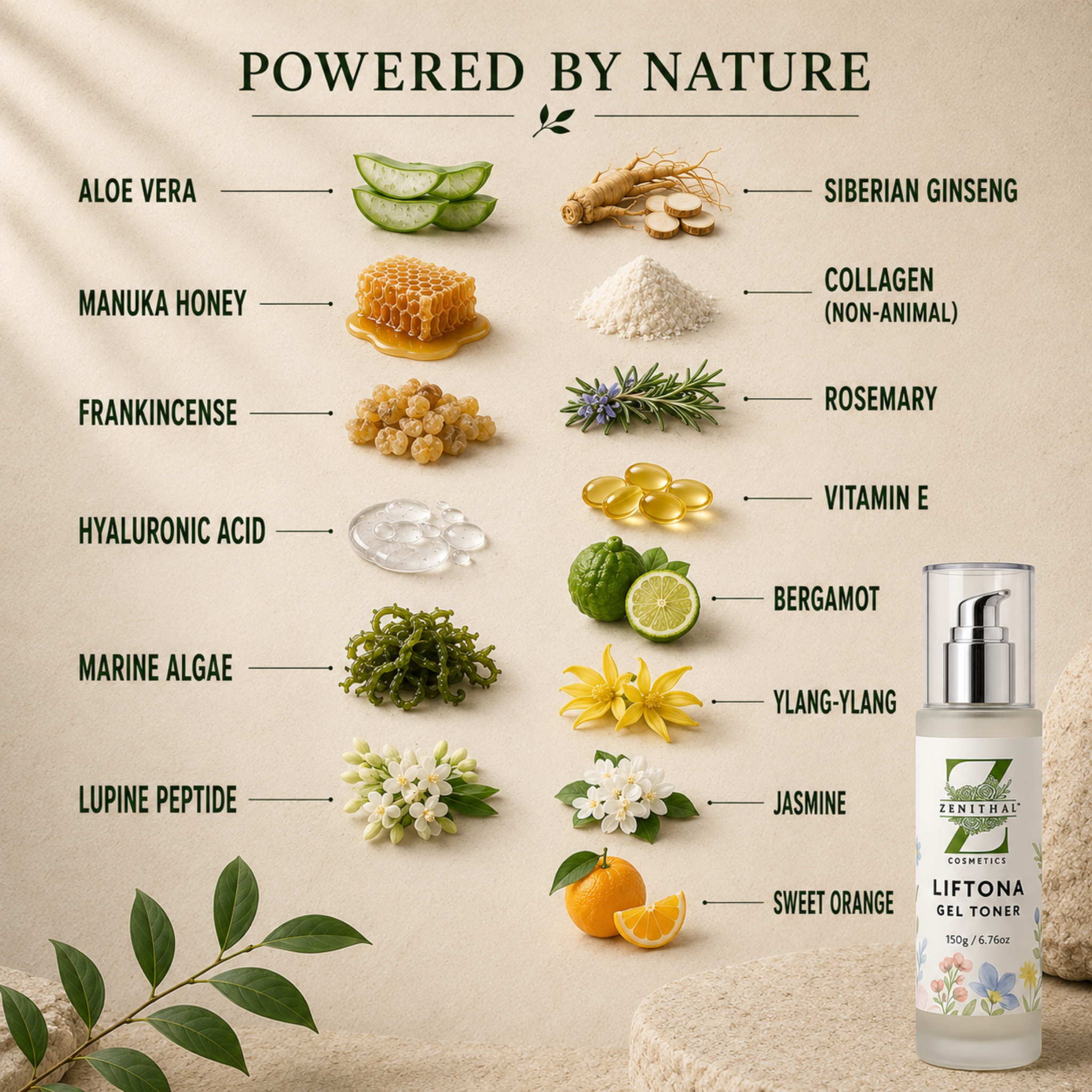 Liftona Firming Face Serum with ingredients that hydrate, firm and tighten the skin aloe vera, manuka honey, frankincense, collagen, rosemary, vitamin E, bergamot, ylang-ylang, jasmine, and sweet orange. Text at the top reads 'POWERED BY NATURE.