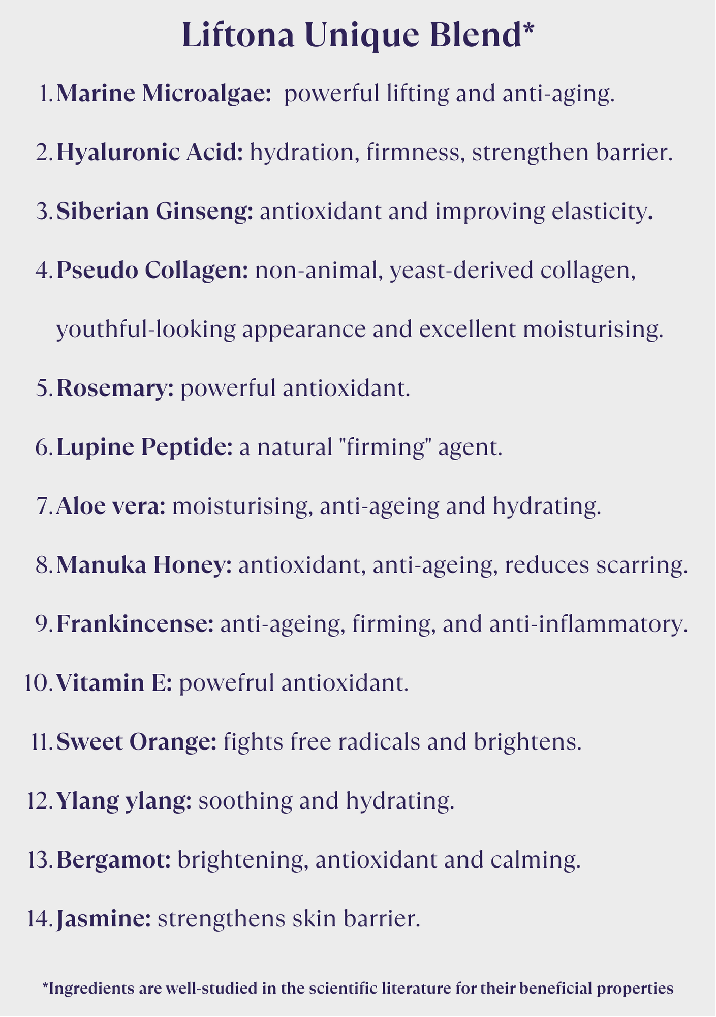 List of ingredients in a Liftona Unique Blend with their benefits.