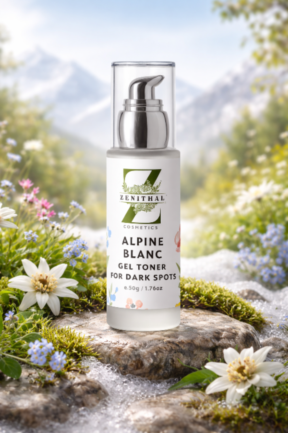 Bottle of Zenthal Alpine Blanc Gel Toner on a rock with a natural background