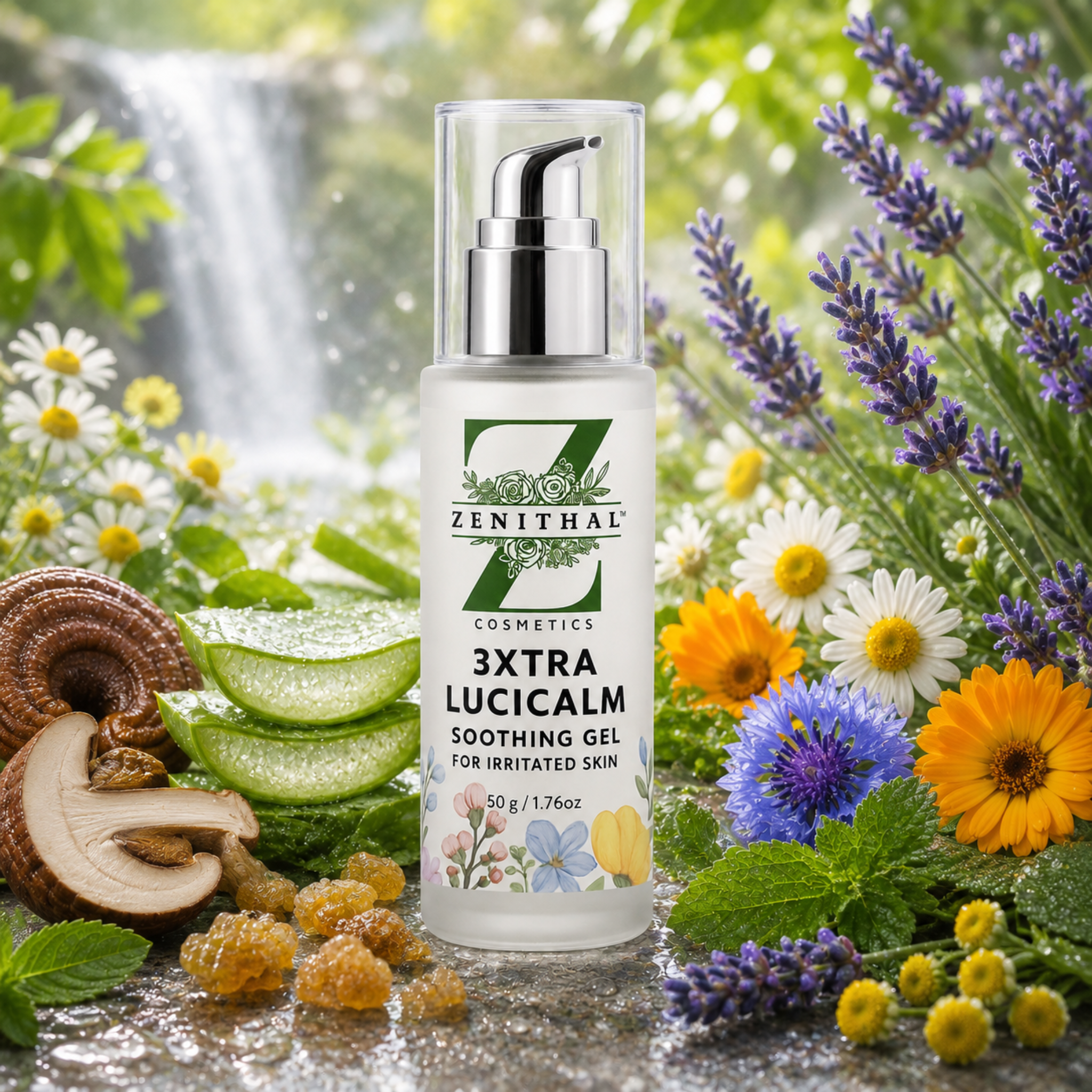 Zenithal Cosmetics Extra Lucicalm Soothing Gel bottle with natural ingredients and flowers in the background
