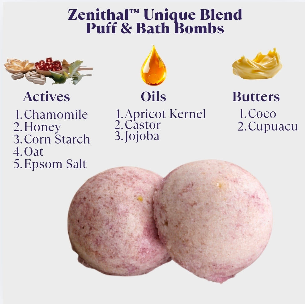 Zenithal Unique Blend Puff & Bath Bombs with ingredients listed on a white background