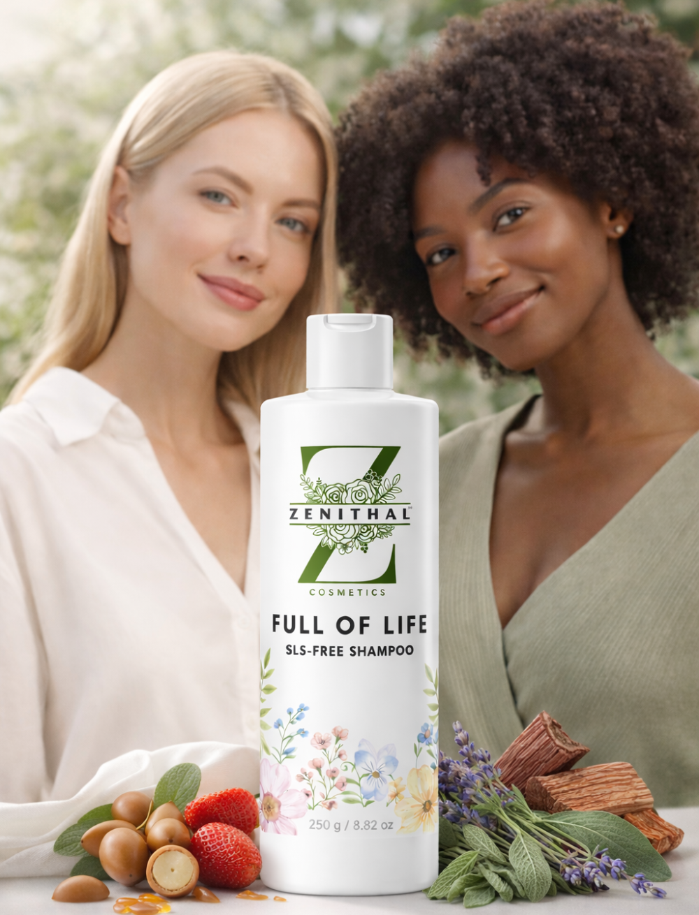Two women standing behind a bottle of Zenithal Full of Life shampoo with natural ingredients displayed.