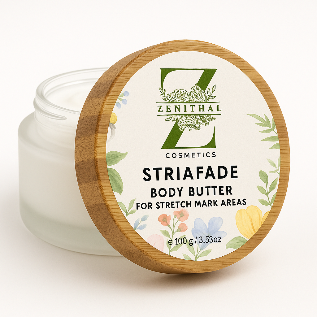 Jar of Striafaide body butter with wooden lid on a white background