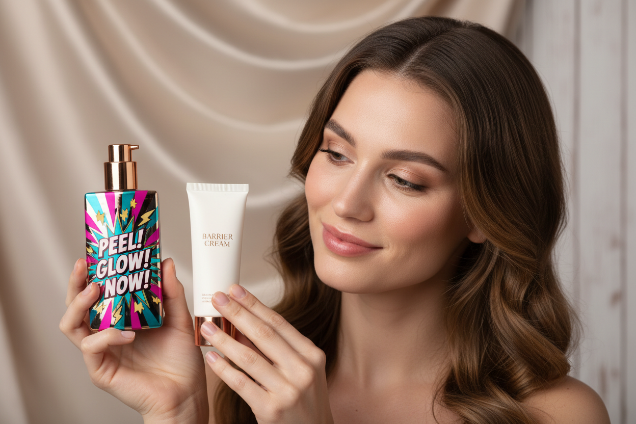 A beautiful woman holding two products: one bold, flashy, trend-driven (e.g., “Peel! Glow! Now!”) and the other minimalist and elegant (e.g., “Barrier Cream”).

They’re choosing the minimalist product — intentionally.

Facial expression: calm, thoughtful.

Background: neutral, serene.