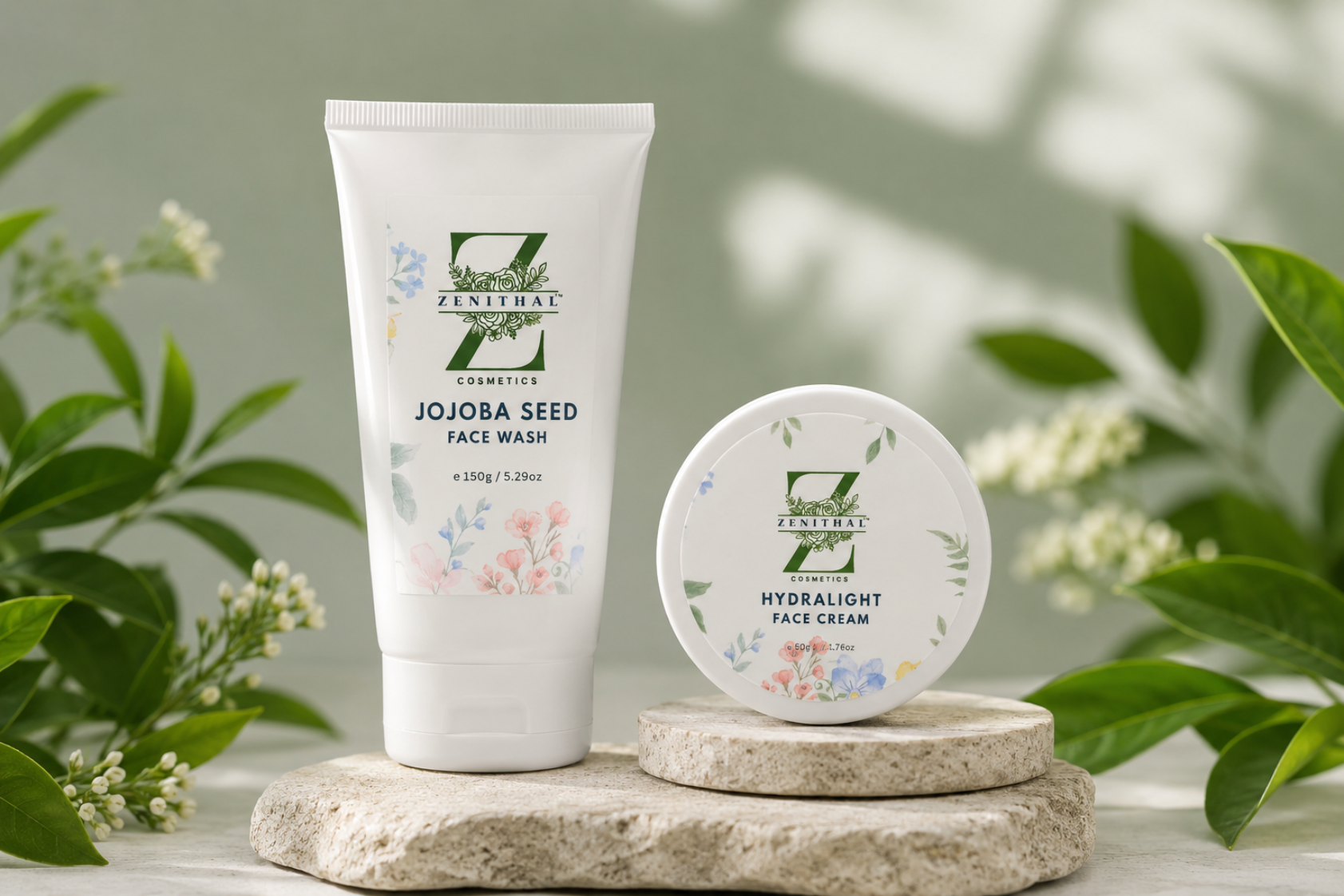 Two skincare products, a tube and a round container, on a stone surface with greenery in the background.