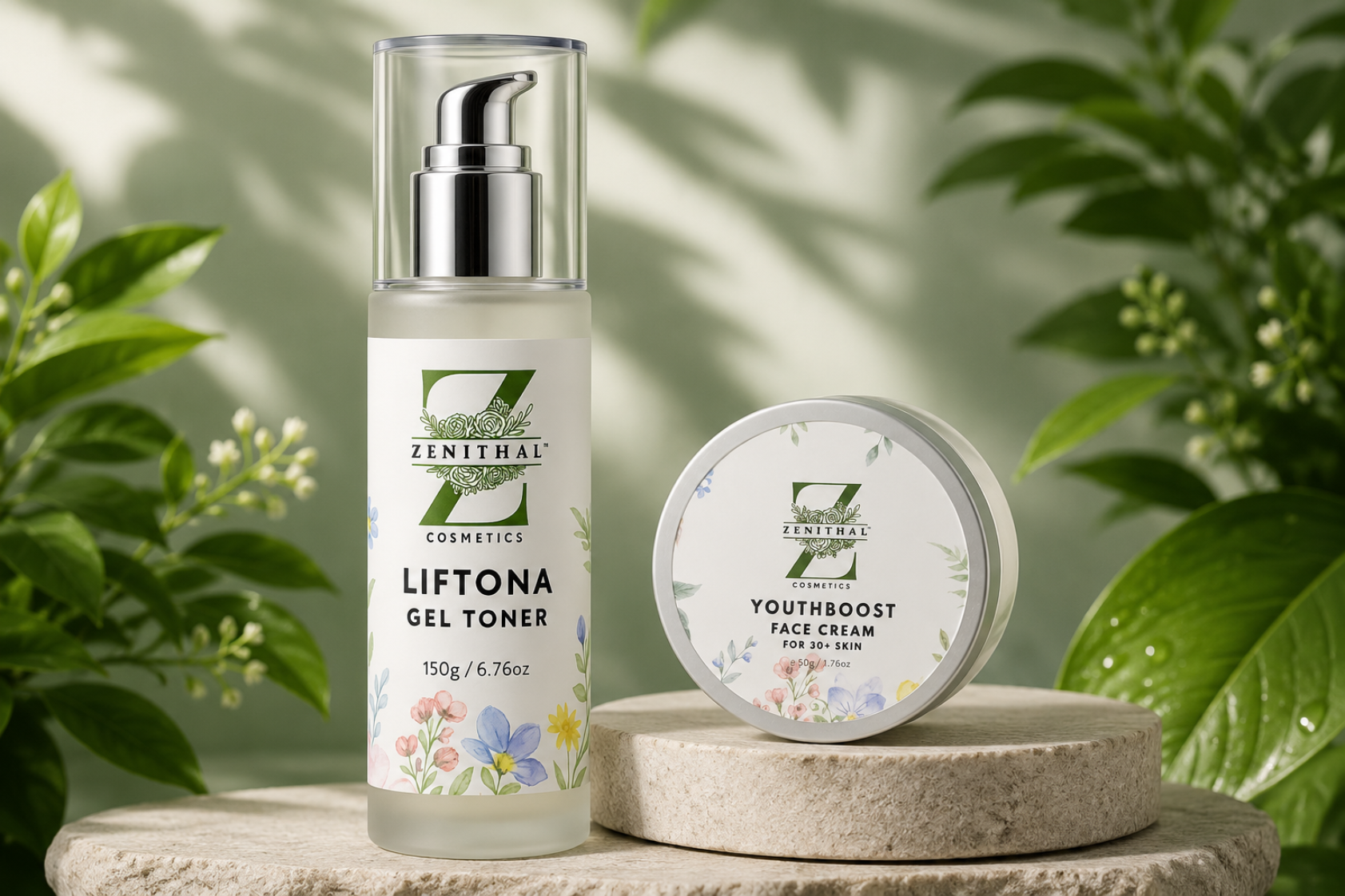 Zenthal Cosmetics skincare products on a stone surface with green leaves in the background