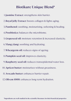 List of ingredients in Biotikure Unique Blend with their benefits on a white background.