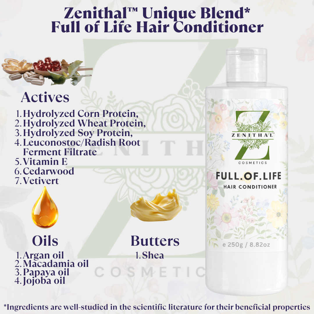Zenithal Full of Life hair conditioner with ingredients list on a white background