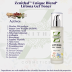 Zenithal Liftona Gel Toner with list of active ingredients on a decorative background