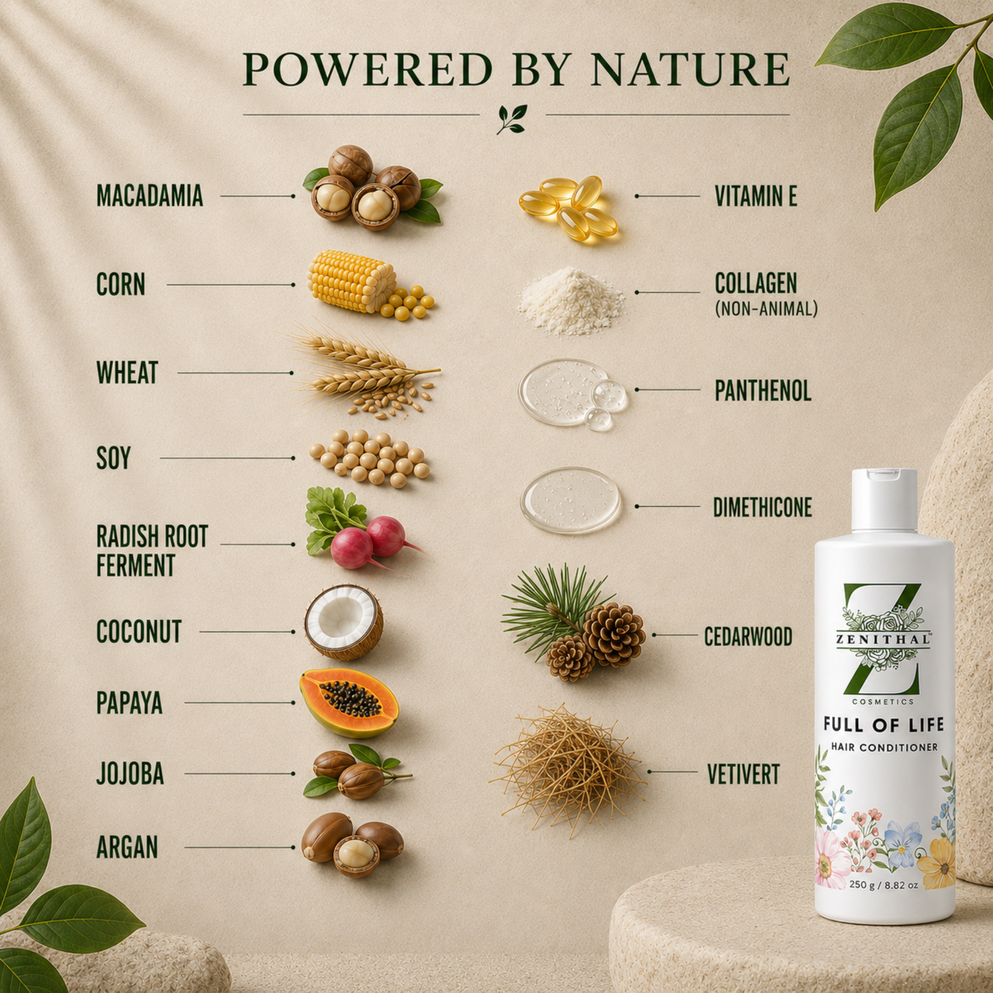 Full of Life Hair Conditioner ingredients for soft, healthy-looking and hydrated hair The product is made of natural ingredients like macadamia, corn, wheat, soy, collagen, vitamin E, radish root ferment, dimethicone, coconut, cedarwood, vetiver, argan, and papaya.