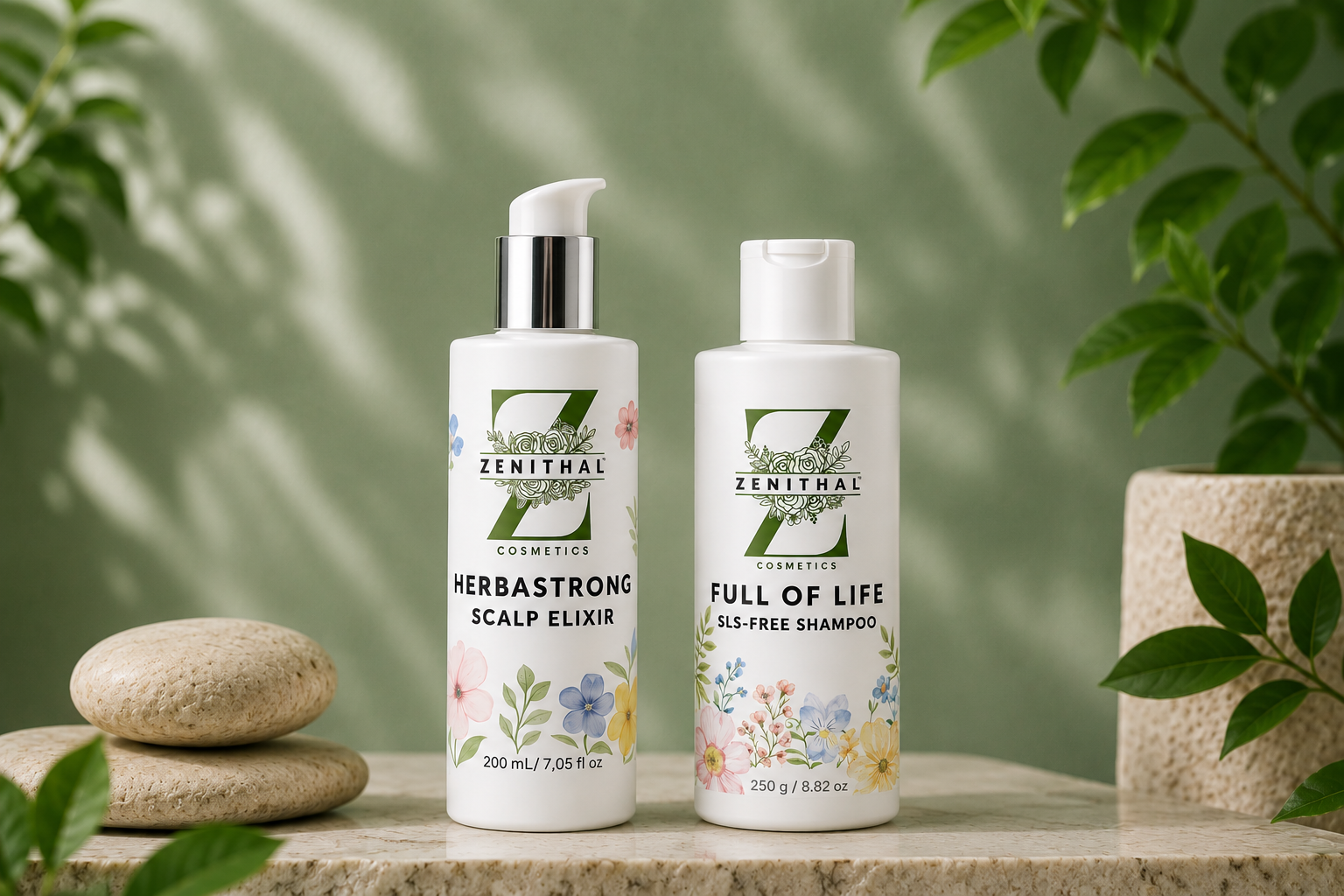 Two bottles of Zenithal Cosmetics products on a wooden surface with greenery in the background.