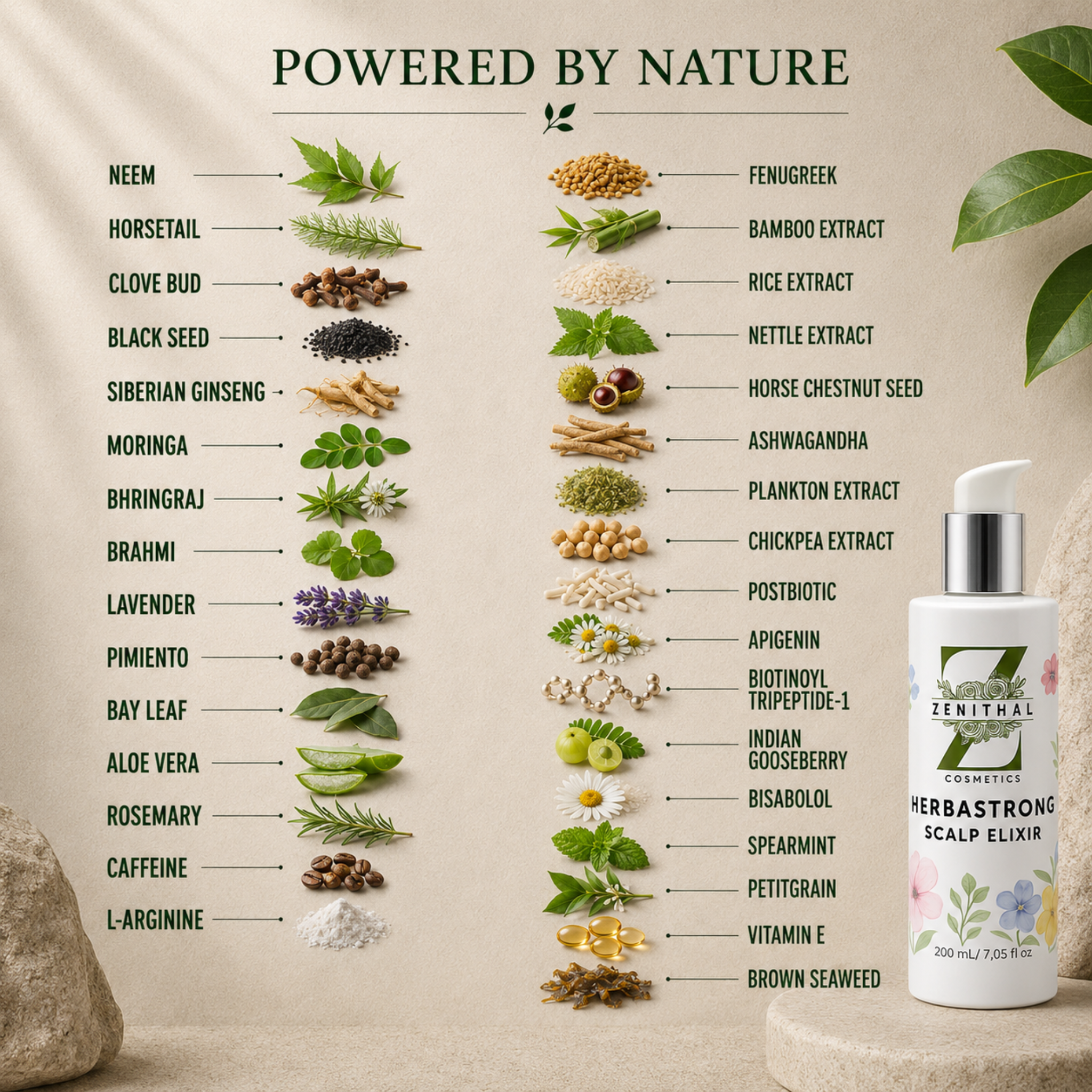 Hair Growth Scalp Serum Scalp Serum for Thinning Hair features a list of natural ingredients (such as Neem, Clover Bud, Black Seed, Siberian ginseng, moringa, bhringraj, brahmi, lavender, pimento, bay leaf, aloe vera, rosemary, Caffeine L-arginine Fenugreek, bamboo extract, rice extract, nettle extract, horse chestnut seed, ashwagandha, Plankton extract, chickpea extract, postbiotic, Apigenin, Biotinoyl Tripeptide-1, Indian Gooseberry Bisabolol Lavender Spearmint Petitgrain Vit