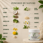 HydraLight face moisturiser ingredients for barrier support and non-greasy hydration, surrounded by ingredient callouts and illustrations including aloe vera, coconut, hemp seed, broccoli seed, squalane, abyssinian oil, dandelion, proteasyl, orange blossom, panthenol, hydrolyzed oat protein, chamomile, litsea, and leaves on a beige background.