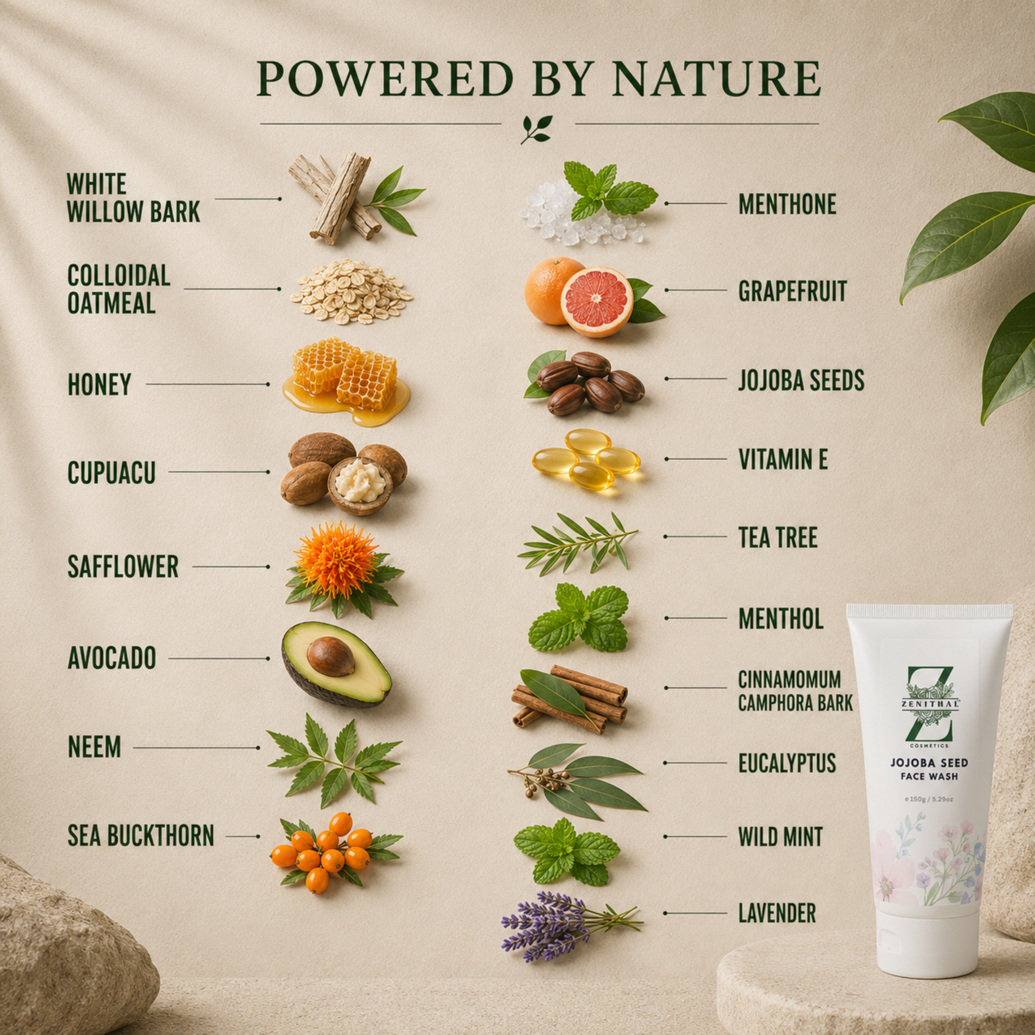 Gentle face scrub for sensitive skin. The graphic lists ingredients like white willow bark, colloidal oatmeal, honey, cupuacu, safflower, avocado, neem, sea buckthorn, menthone, grapefruit, jojoba seeds, vitamin E, tea tree, cinnamon, eucalyptus, wild mint, and lavender with small photos of each ingredient.
