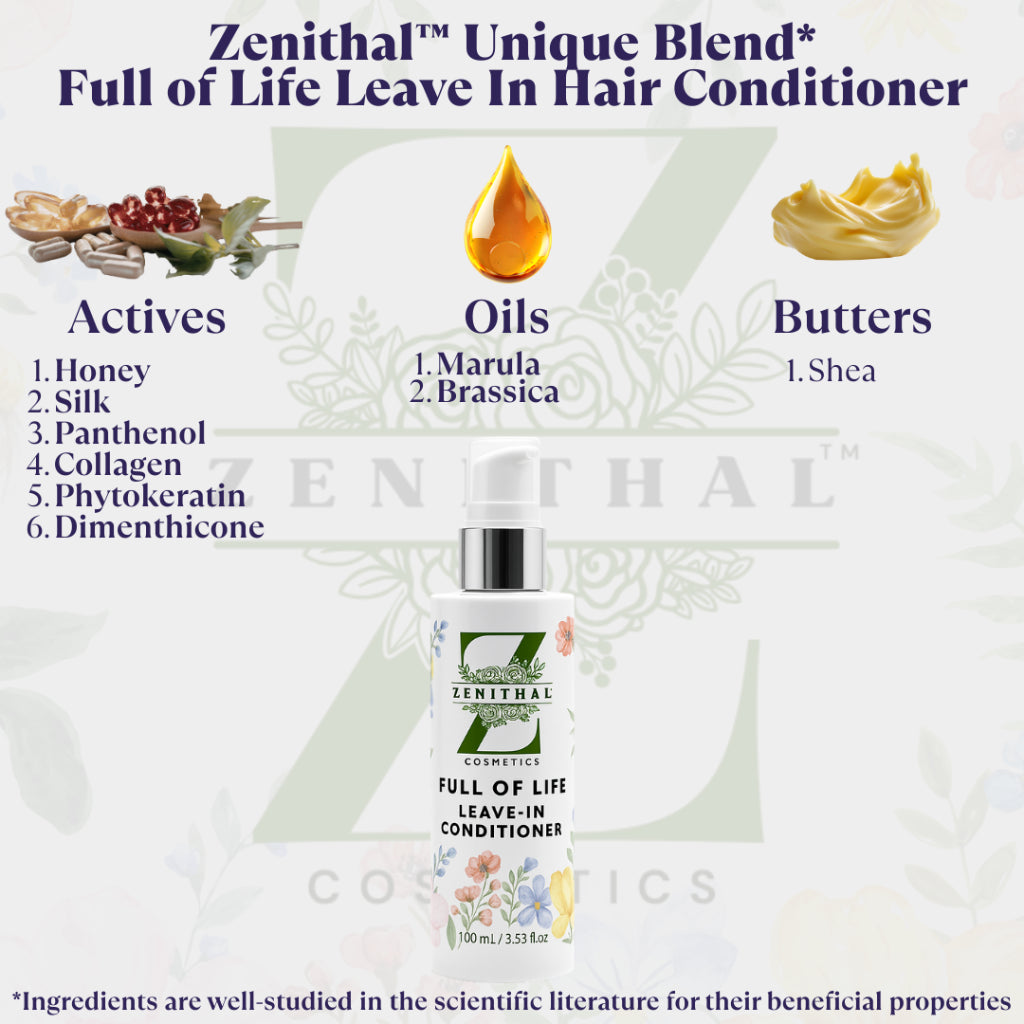 Zenithal Full of Life Leave-In Hair Conditioner with ingredients listed on a white background