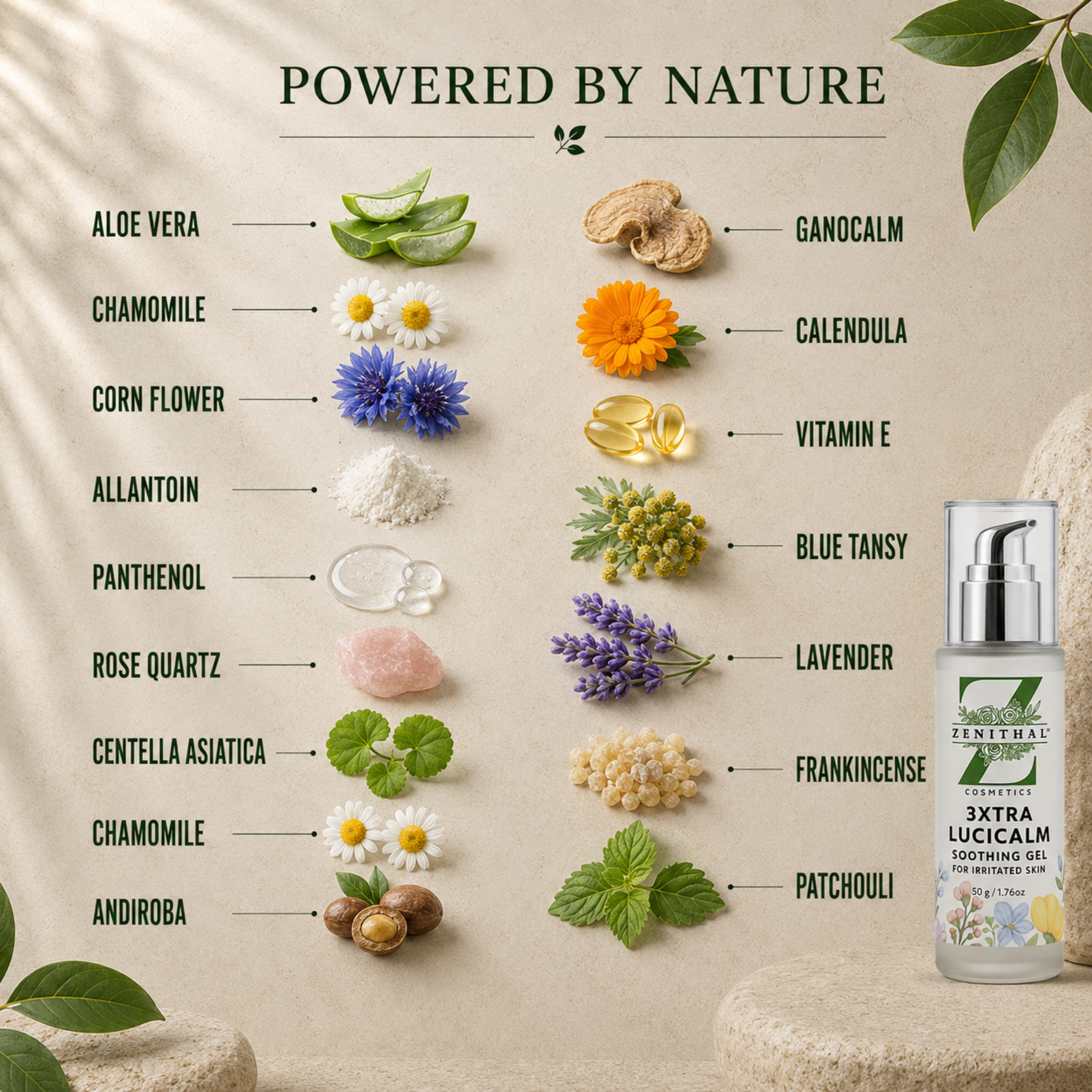 Calming face serum formulated for sensitive skin and post-shave care Soothing Gel on the right, next to a beige background with ingredient callouts and photos of natural ingredients including aloe vera, chamomile, corn flower, allantoin, panthenol, rose quartz, centella asiatica, chamomile, and andrographa. The left side reads 'POWERED BY NATURE' at the top.