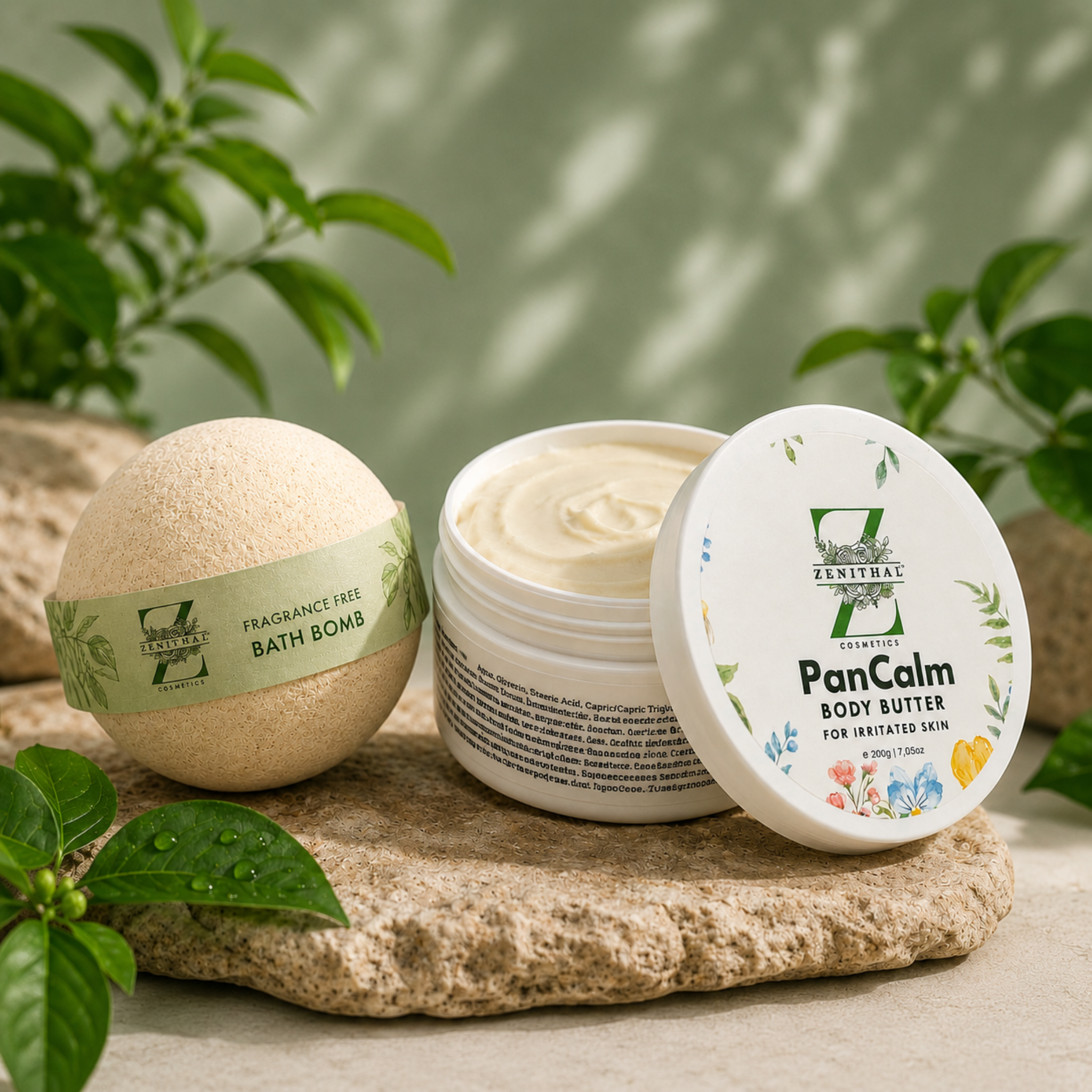 Sensitive skin body care set with cleansing calming soothing bath bomb and nourishing body butter for irritated,  red, itchy and after sun care