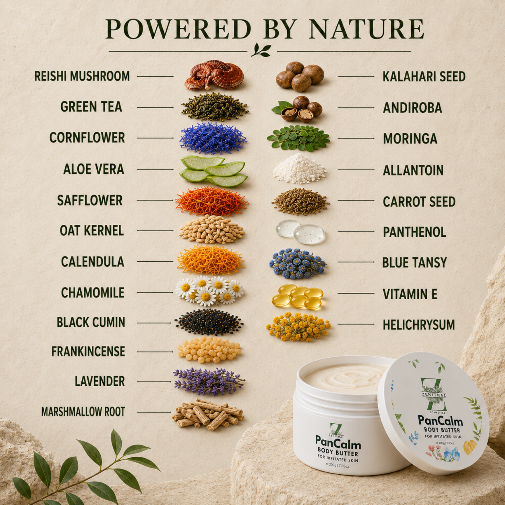 PanCalm Body Butter ingredients for sensitive, itchy, irritated skin, after sun care and skin barrier support