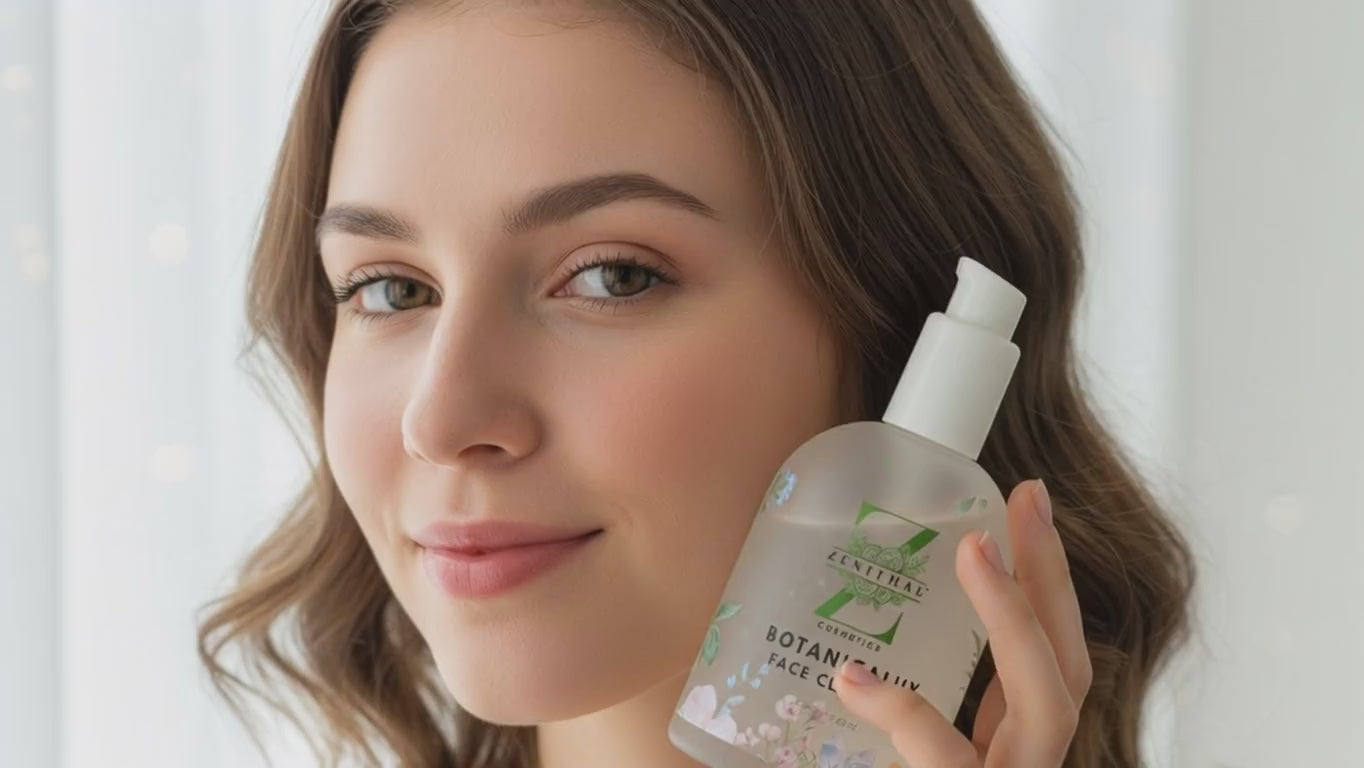 Woman holding a bottle of facial cleanser -Natural body care product