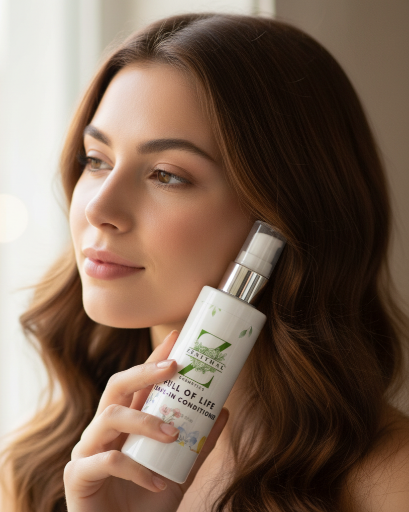 Woman holding a bottle of 'Natura' hair product with a neutral background